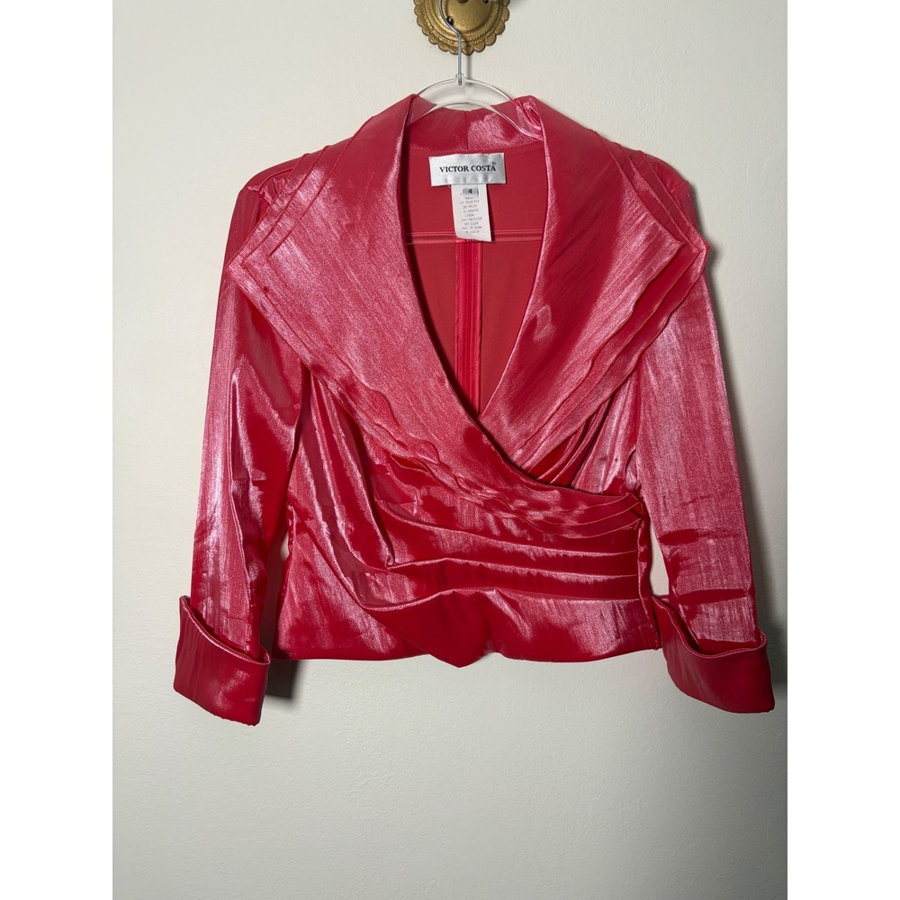 Victor Costa Womens Pink Metallic Wrap Blouse Pleated Collar Evening Top Size 4